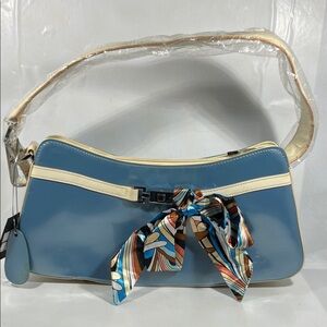 Beijo Blue and Cream Shoulder Bag with Patterned Scarf